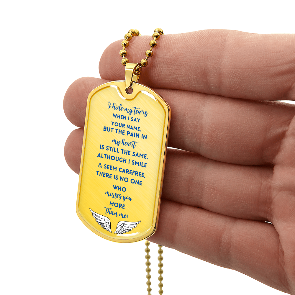 Gold military dog tag necklace with engraved heartfelt memorial message and angel wings detailing.