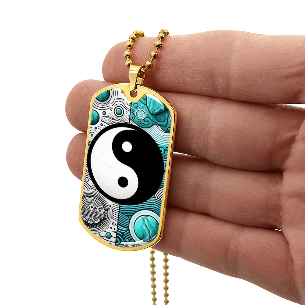 Turquoise Yin Yang Military Tag Necklace Spiritual Balance Pendant for Men Zen Style Jewelry Mindfulness Gift for Him Unique