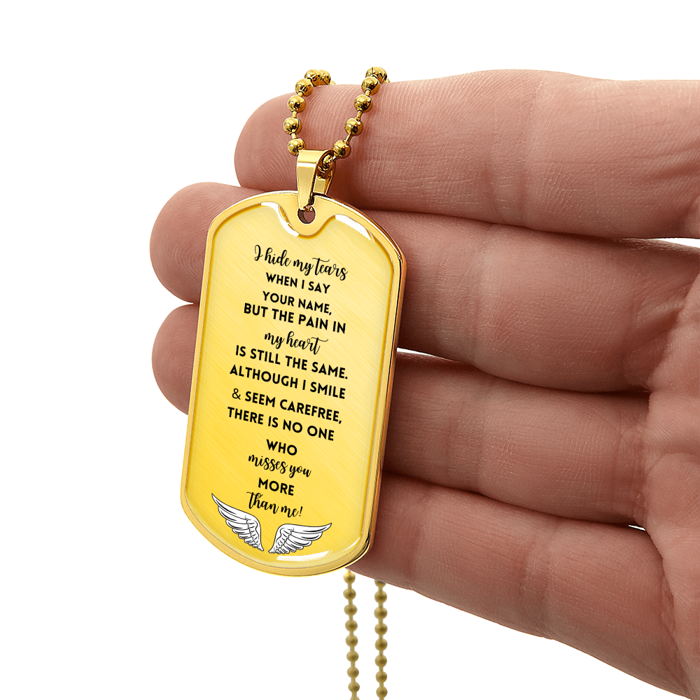 Gold memorial dog tag necklace with engraved heartfelt sympathy poem and angel wings design.