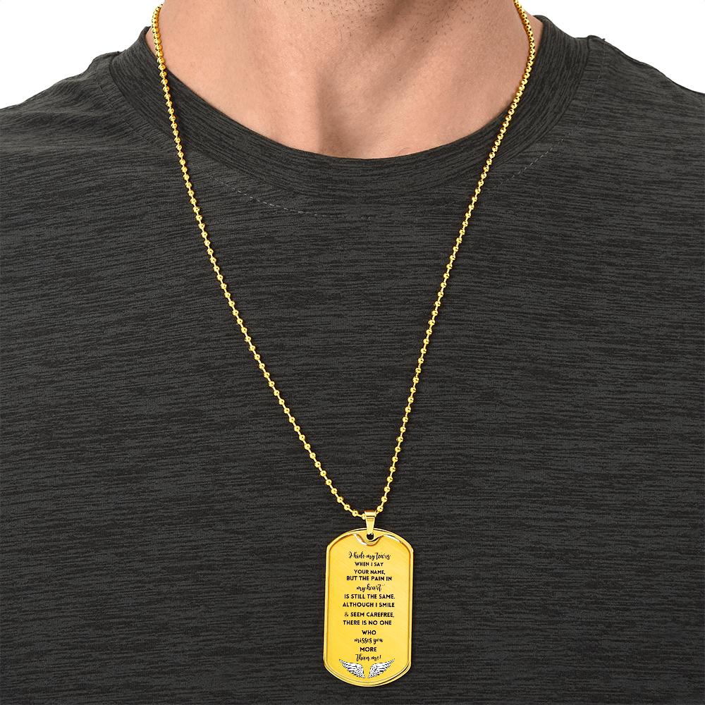 Gold military chain necklace with rectangular dog tag pendant engraved with memorial poem.