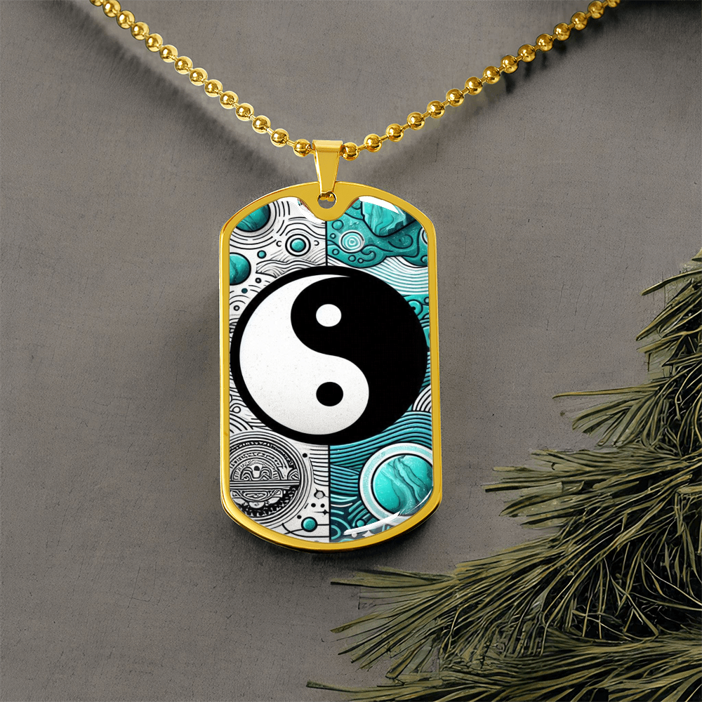Turquoise Yin Yang Military Tag Necklace Spiritual Balance Pendant for Men Zen Style Jewelry Mindfulness Gift for Him Unique