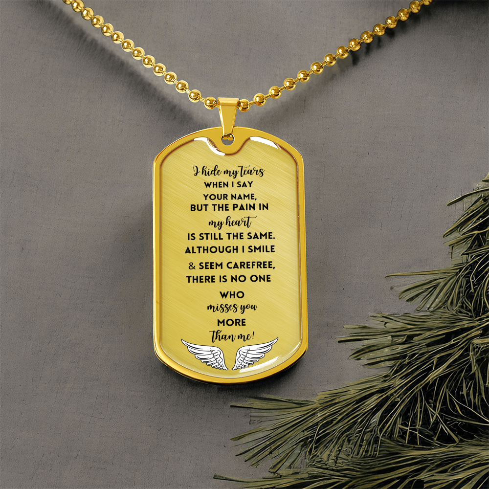 Gold military dog tag necklace engraved with sentimental memorial poem and angel wings design.