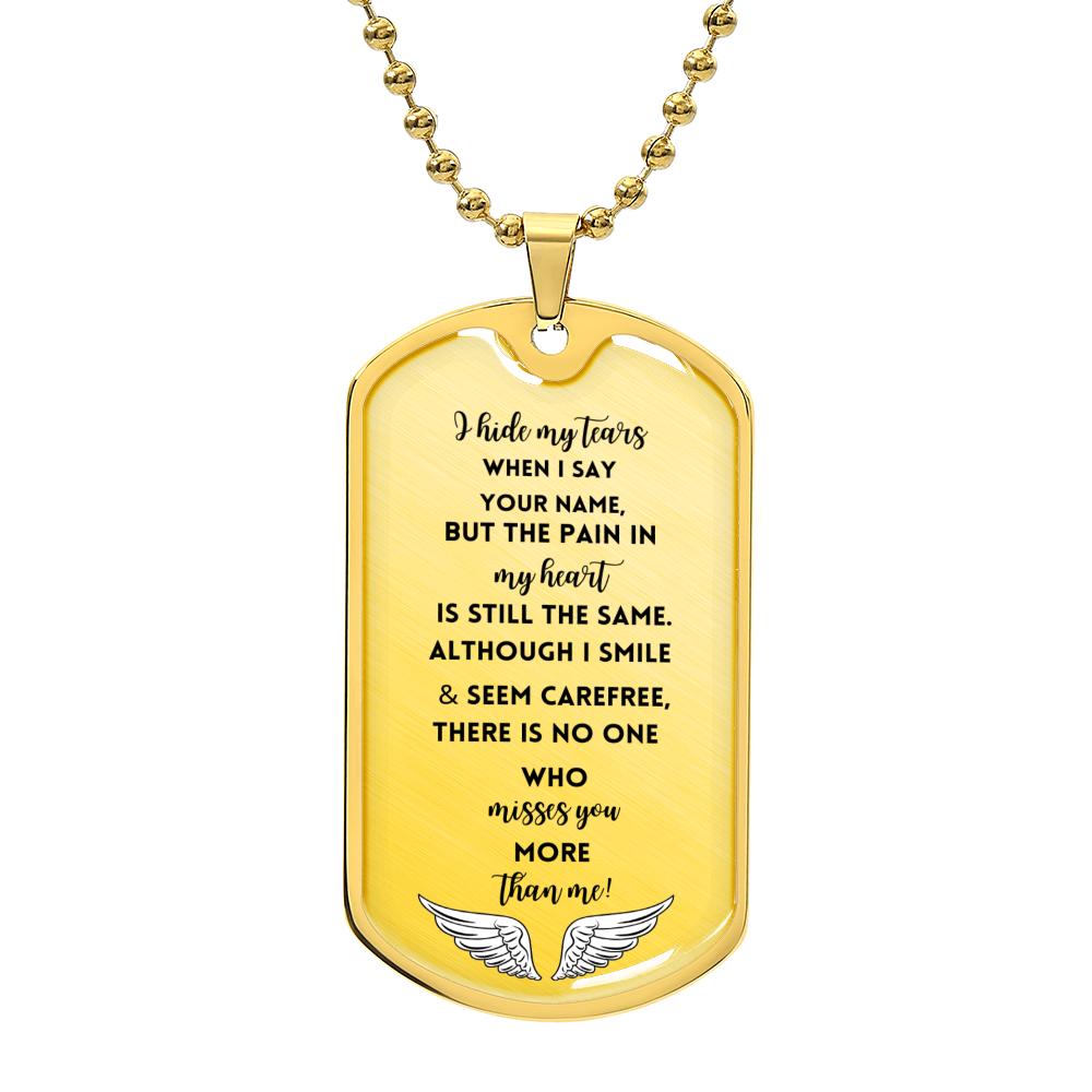 Gold military chain tag necklace engraved with a heartfelt memorial poem and angel wings at the bottom.