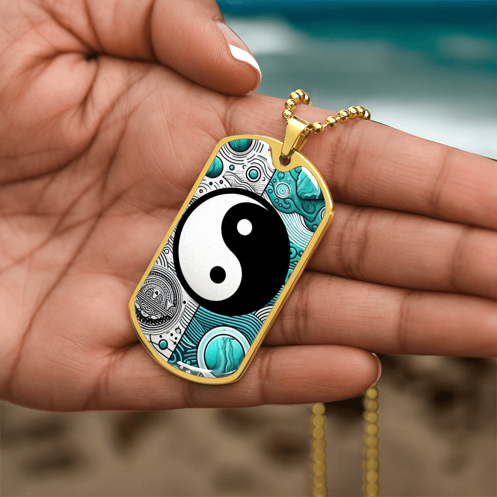 Turquoise Yin Yang Military Tag Necklace Spiritual Balance Pendant for Men Zen Style Jewelry Mindfulness Gift for Him Unique
