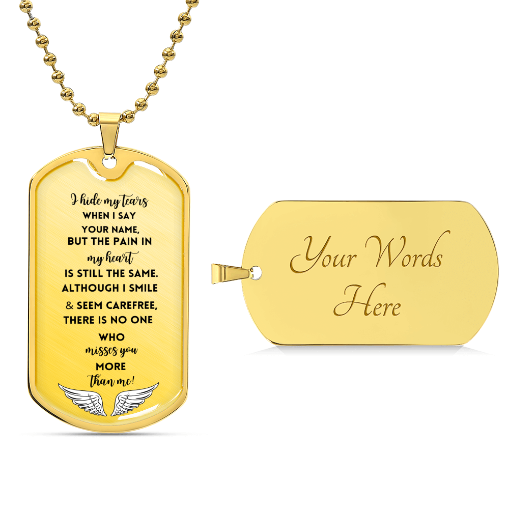 Gold military chain tag necklace with engraved sympathy message and angel wings on front, customizable back plate with "Your .