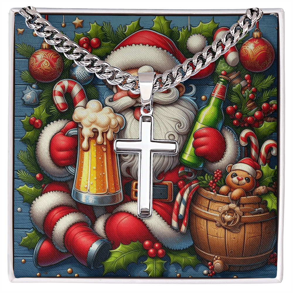 Artisan Cross with Cuban Link Chain Merry Christmas
