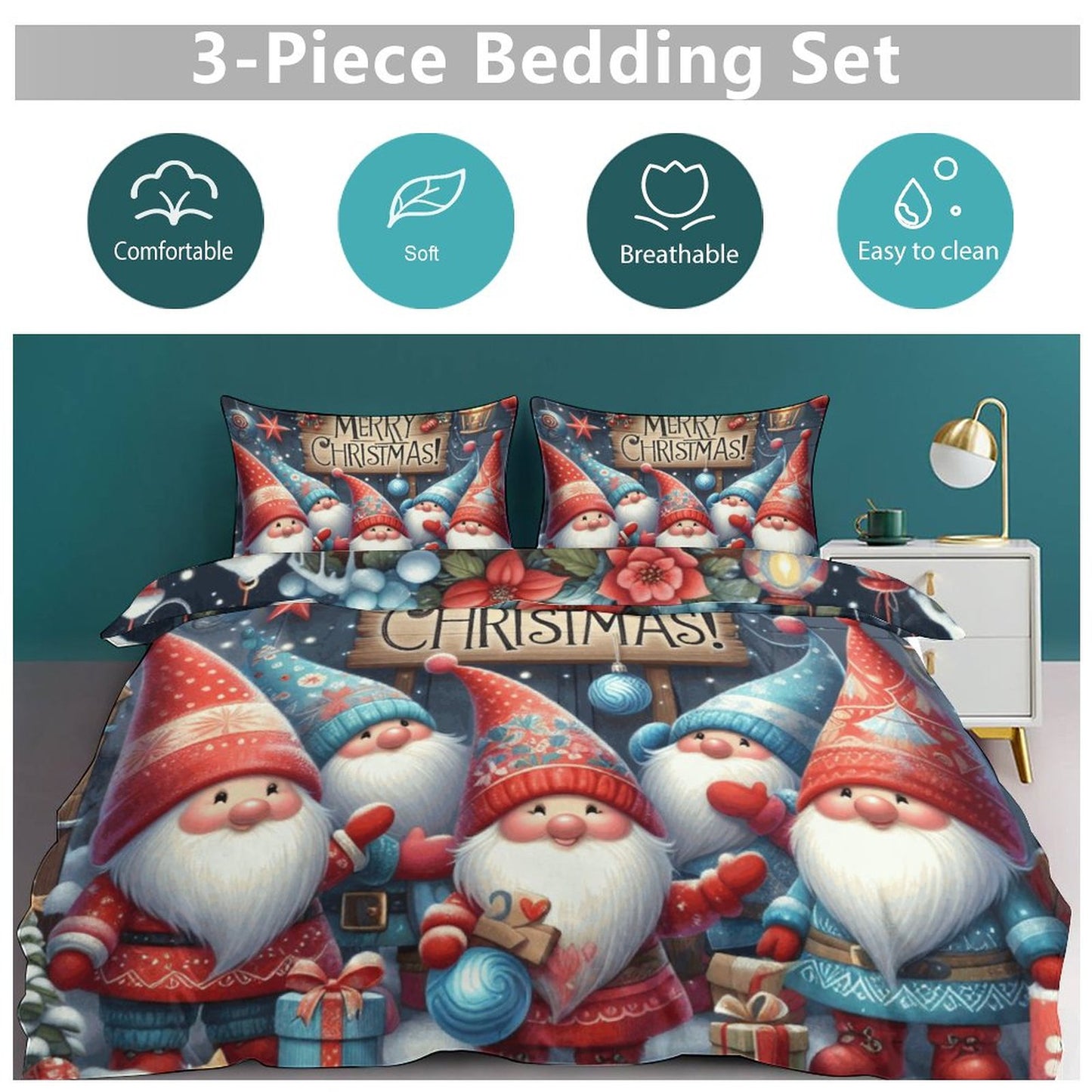 Christmas Gnomes 3-Piece Bedding Set-102"x90"/ 259x229cm (Dual-sided Printing)