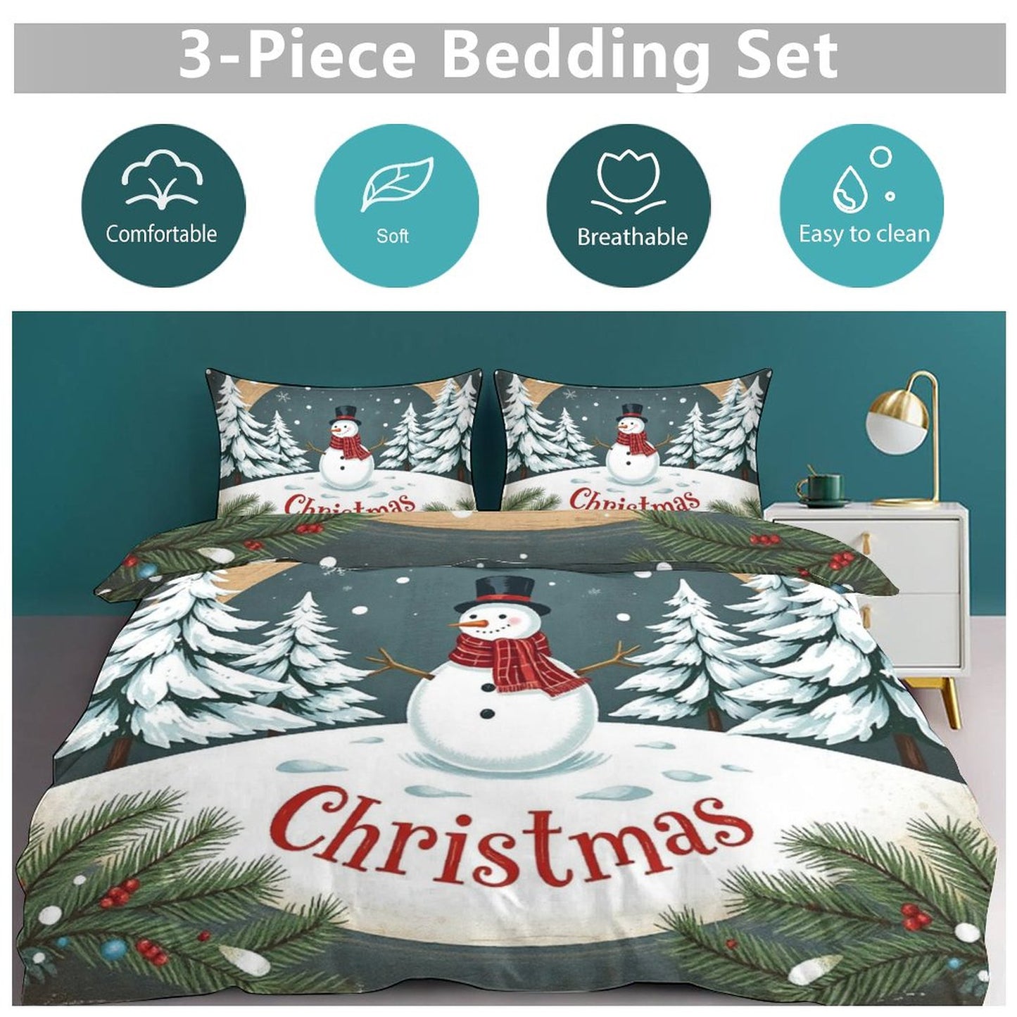 Christmas 3-Piece Bedding Set-90"x90"/ 229x229cm (Dual-sided Printing)