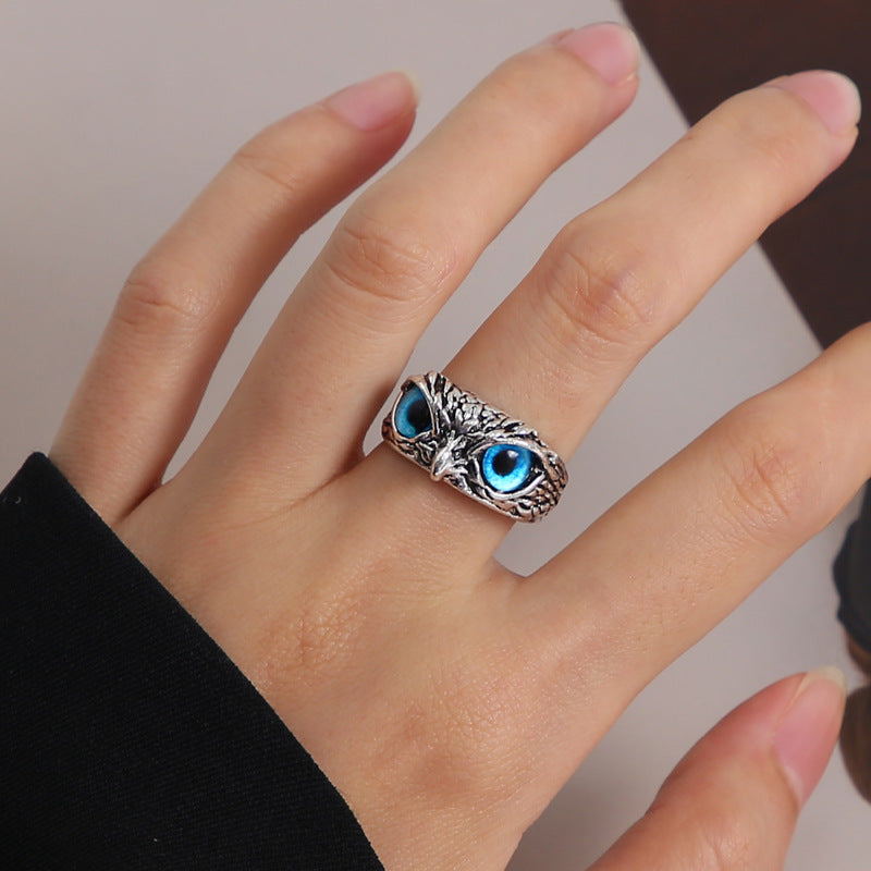 Personalized Retro Blue Eyes Owl Ring