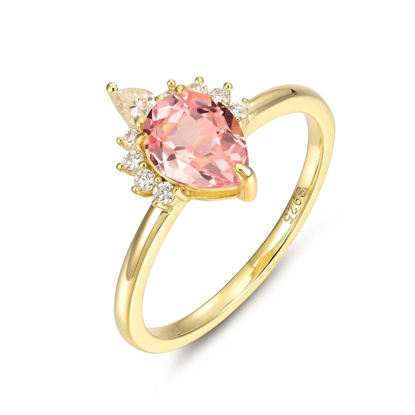 925 Sterling Silver Lab Pink Sapphire Ring with pear-shaped pink sapphire and gold plated band