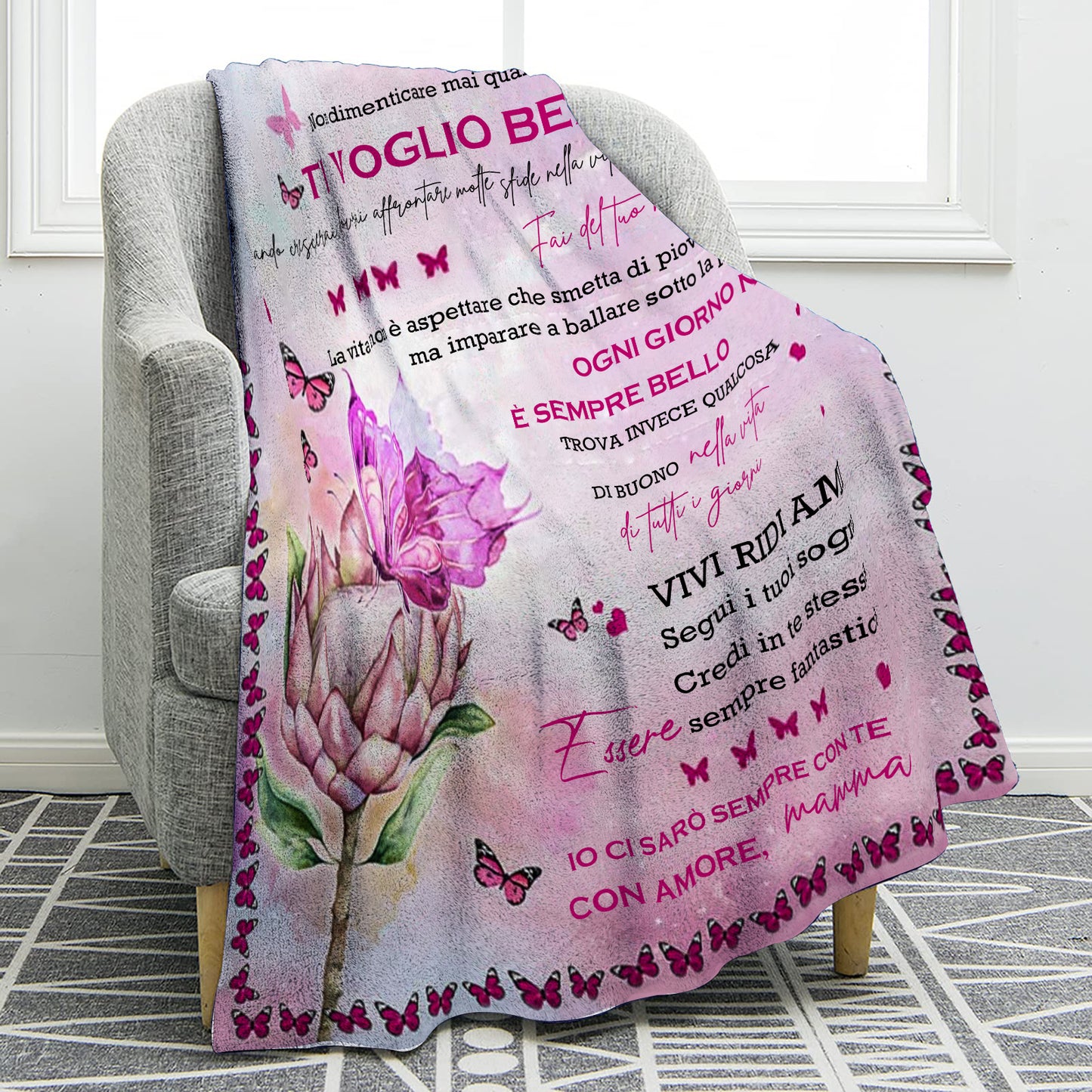 Flowers and Butterflies Pattern Italian Language Flannel Blanket