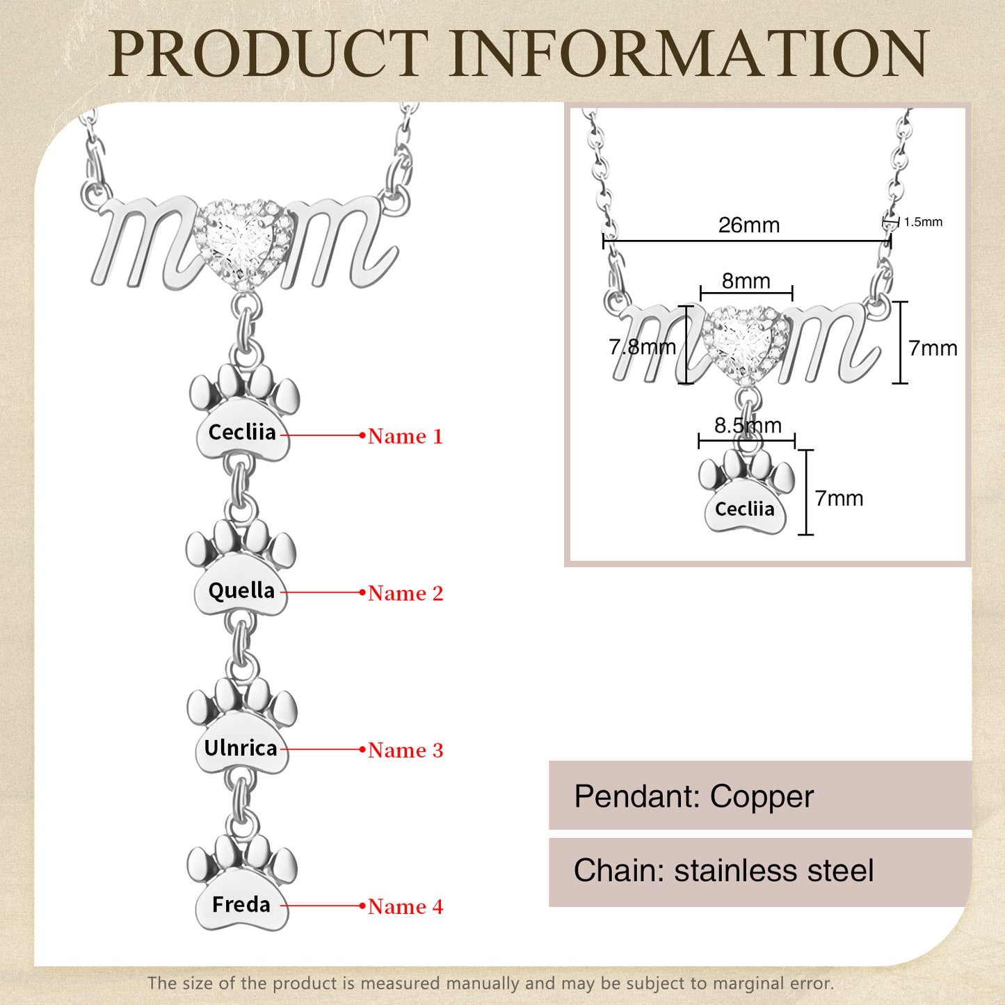 Silver-tone Mother's necklace with paw-shaped name tags hanging from "mom" script pendant.
