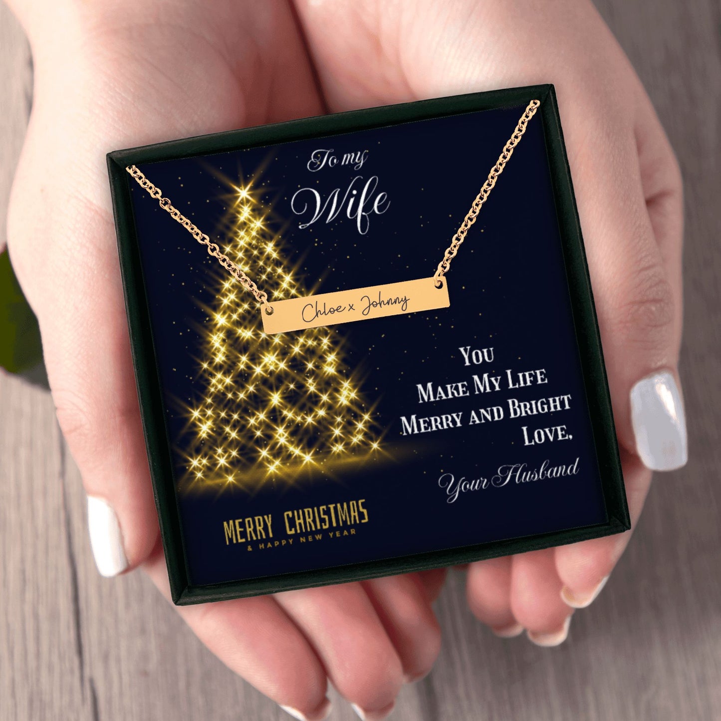 Name Tag Horizontal Bar Necklace To my Wife, You make my Life Merry and Bright