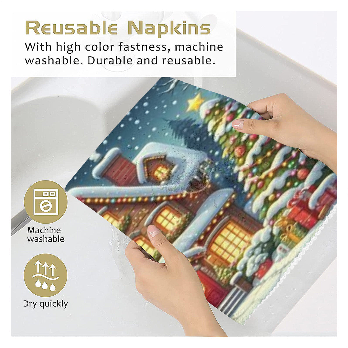Christmas House Napkin Fabric| Polyester