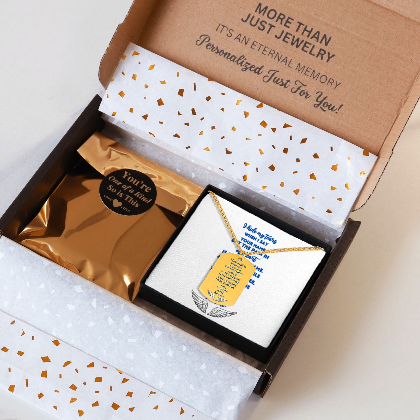 Memorial tag necklace with engraved message "I'll Cry for You Forever" in black gift box with gold and white packaging.