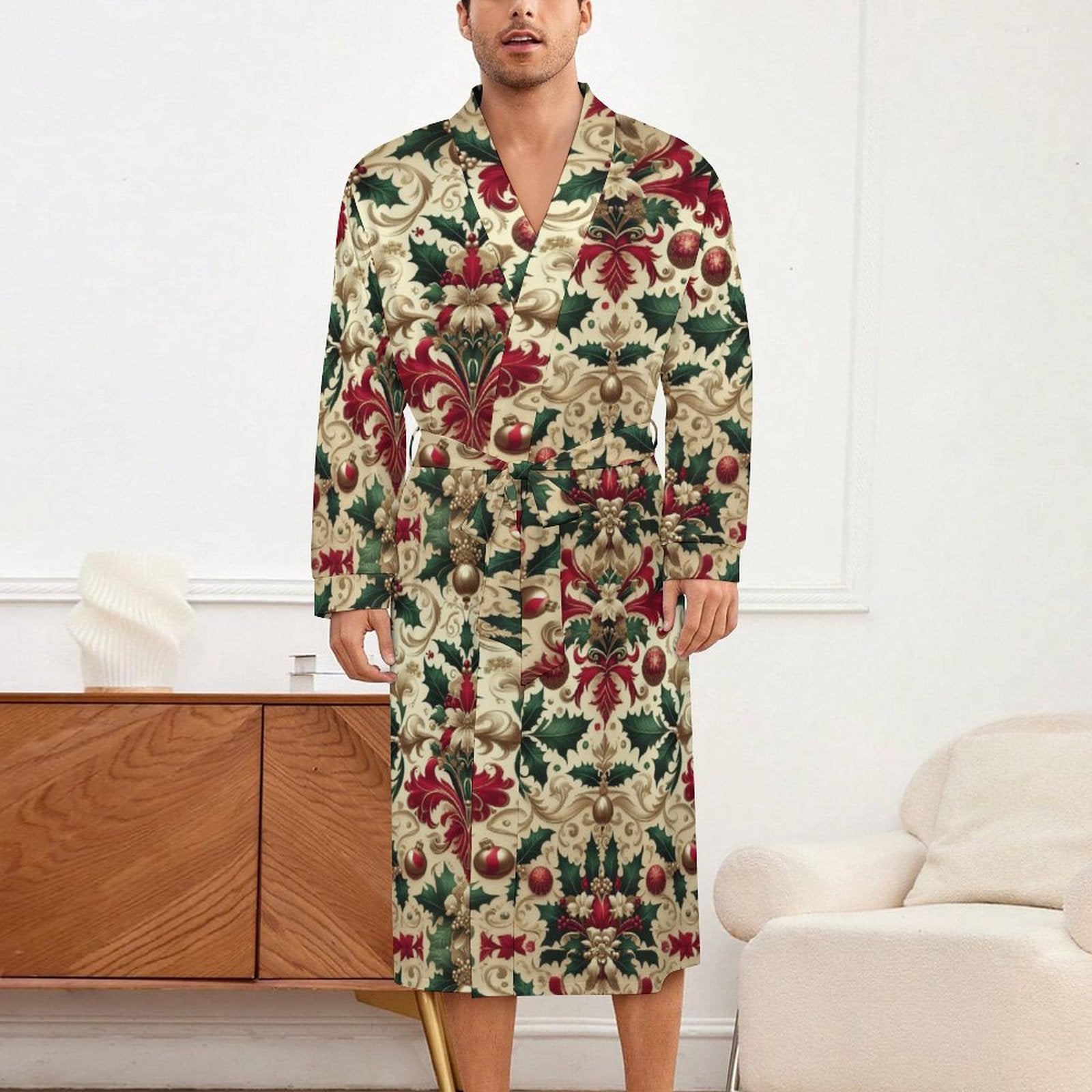 Christmas Damask Pattern Adult Robe – Milk Fiber, All-Over Printing by SALE-Personal Design