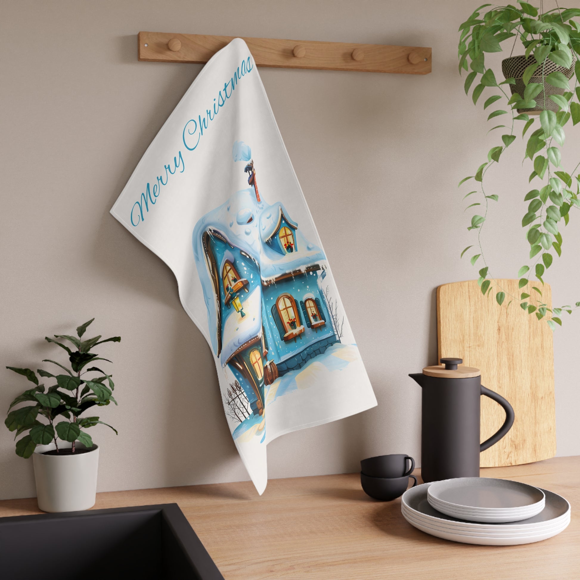 Christmas Blue & White Festive Tea Towel — Holiday Kitchen Decor, Housewarming Gift by Printify
