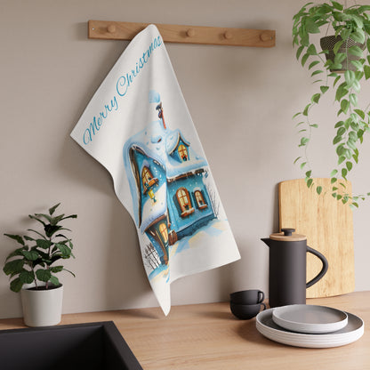 Christmas Blue & White Festive Tea Towel — Holiday Kitchen Decor, Housewarming Gift by Printify