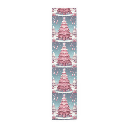 Christmas Table Runner, Holiday Decor, Cotton Table Runner, Festive Dining, Pink Christmas Tree, Hostess Gift by Printify