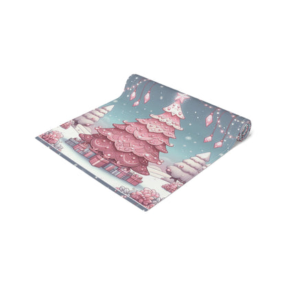 Christmas Table Runner, Holiday Decor, Cotton Table Runner, Festive Dining, Pink Christmas Tree, Hostess Gift by Printify