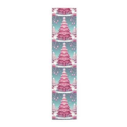 Christmas Table Runner, Holiday Decor, Cotton Table Runner, Festive Dining, Pink Christmas Tree, Hostess Gift by Printify