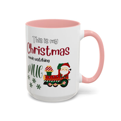Christmas Movie Watching Accent Coffee Mug (11, 15oz) - Cozy Holiday Mug, Festive Hot Cocoa Cup, Winter Movie Night Gift, Santa Claus Mug, by Printify