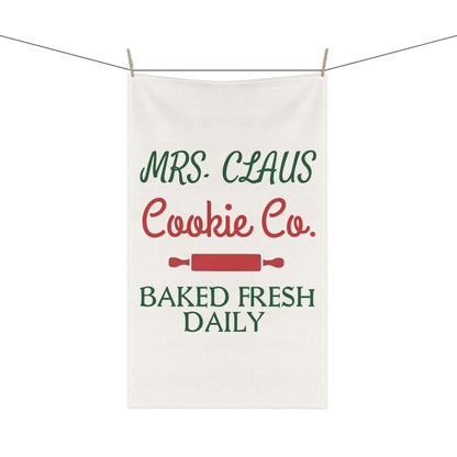 Mrs Claus Cookie Co Tea Towels, Christmas Kitchen Decor, Baked Fresh Daily, Holiday Hostess Gift, Cotton Poly Dish Towels by Printify