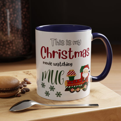 Christmas Movie Watching Accent Coffee Mug (11, 15oz) - Cozy Holiday Mug, Festive Hot Cocoa Cup, Winter Movie Night Gift, Santa Claus Mug, by Printify