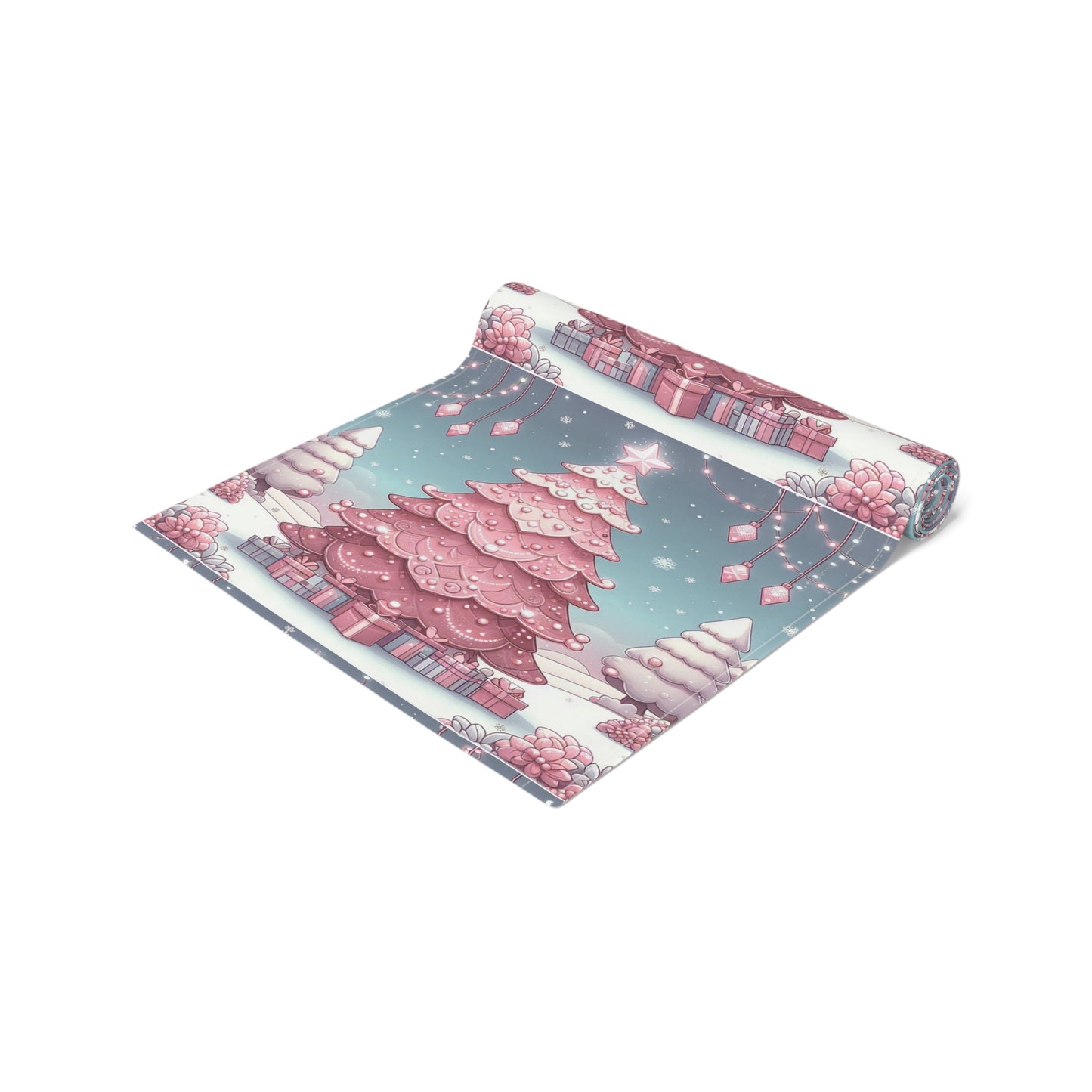Christmas Table Runner, Holiday Decor, Cotton Table Runner, Festive Dining, Pink Christmas Tree, Hostess Gift by Printify