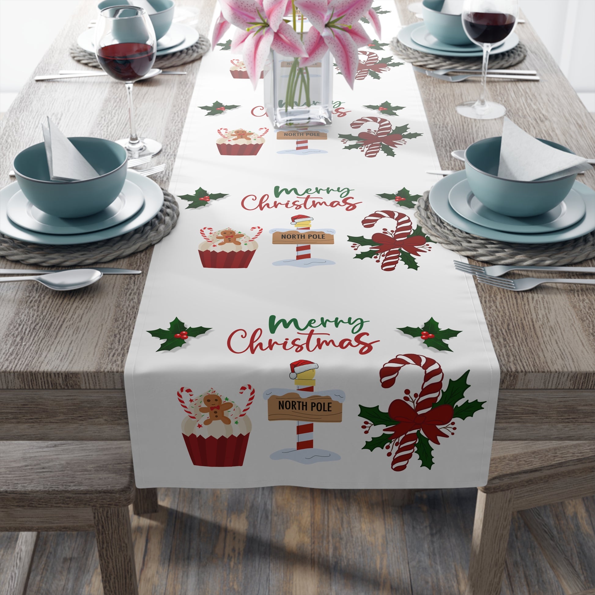 Christmas Table Runner, Holiday Dining Decor, Festive Kitchen Linens, Xmas Home Decoration, Seasonal Table Setting by Printify
