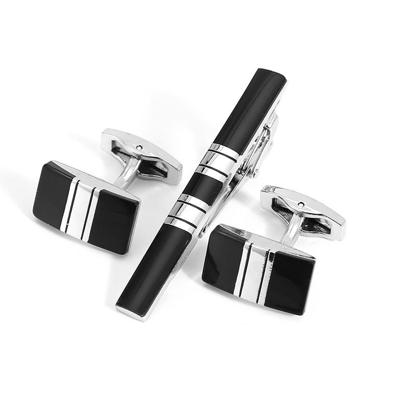 Business Fashion Men's Suit Cuff Tie Accessories Black Three Piece Set Cufflinks Tie Clip Set Gift