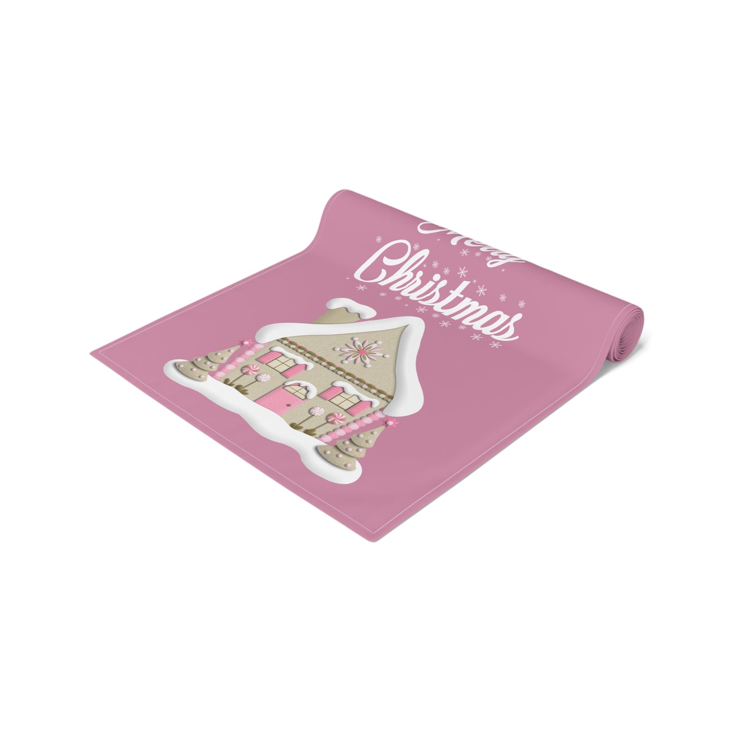 Pink Christmas House Table Runner — Festive Farmhouse Holiday Table Centerpiece by Printify