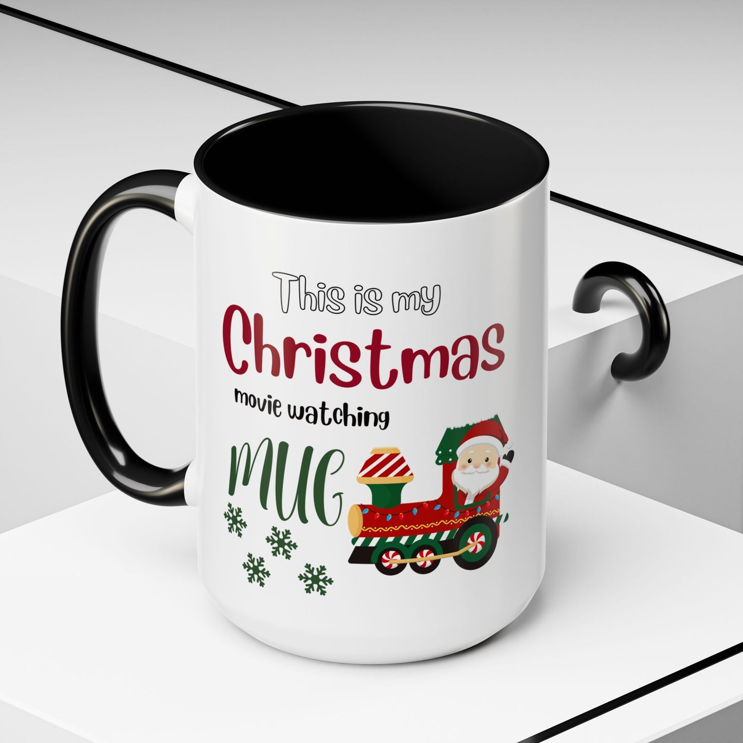 Christmas Movie Watching Accent Coffee Mug (11, 15oz) - Cozy Holiday Mug, Festive Hot Cocoa Cup, Winter Movie Night Gift, Santa Claus Mug, by Printify