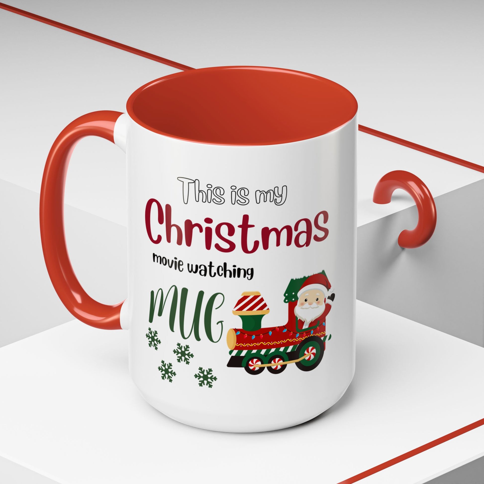 Christmas Movie Watching Accent Coffee Mug (11, 15oz) - Cozy Holiday Mug, Festive Hot Cocoa Cup, Winter Movie Night Gift, Santa Claus Mug, by Printify