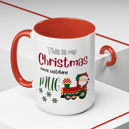 Christmas Movie Watching Accent Coffee Mug (11, 15oz) - Cozy Holiday Mug, Festive Hot Cocoa Cup, Winter Movie Night Gift, Santa Claus Mug, by Printify