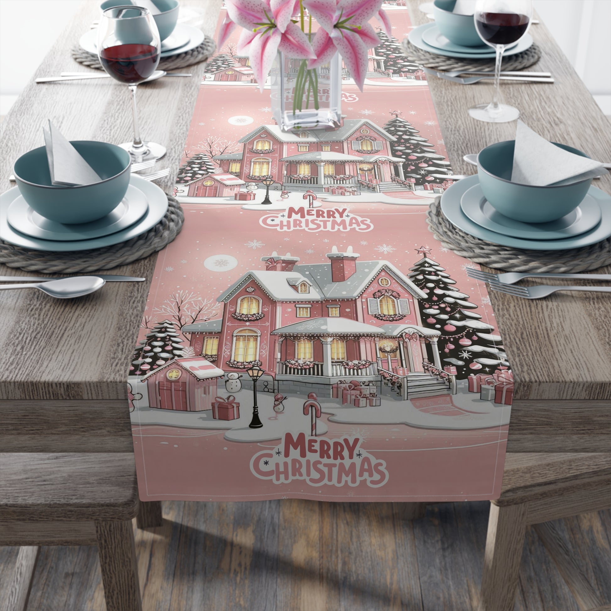 Christmas House Table Runner - Festive Holiday Decor Pink Merry Christmas, Dining Room Kitchen Decor, Home Decoration, by Printify