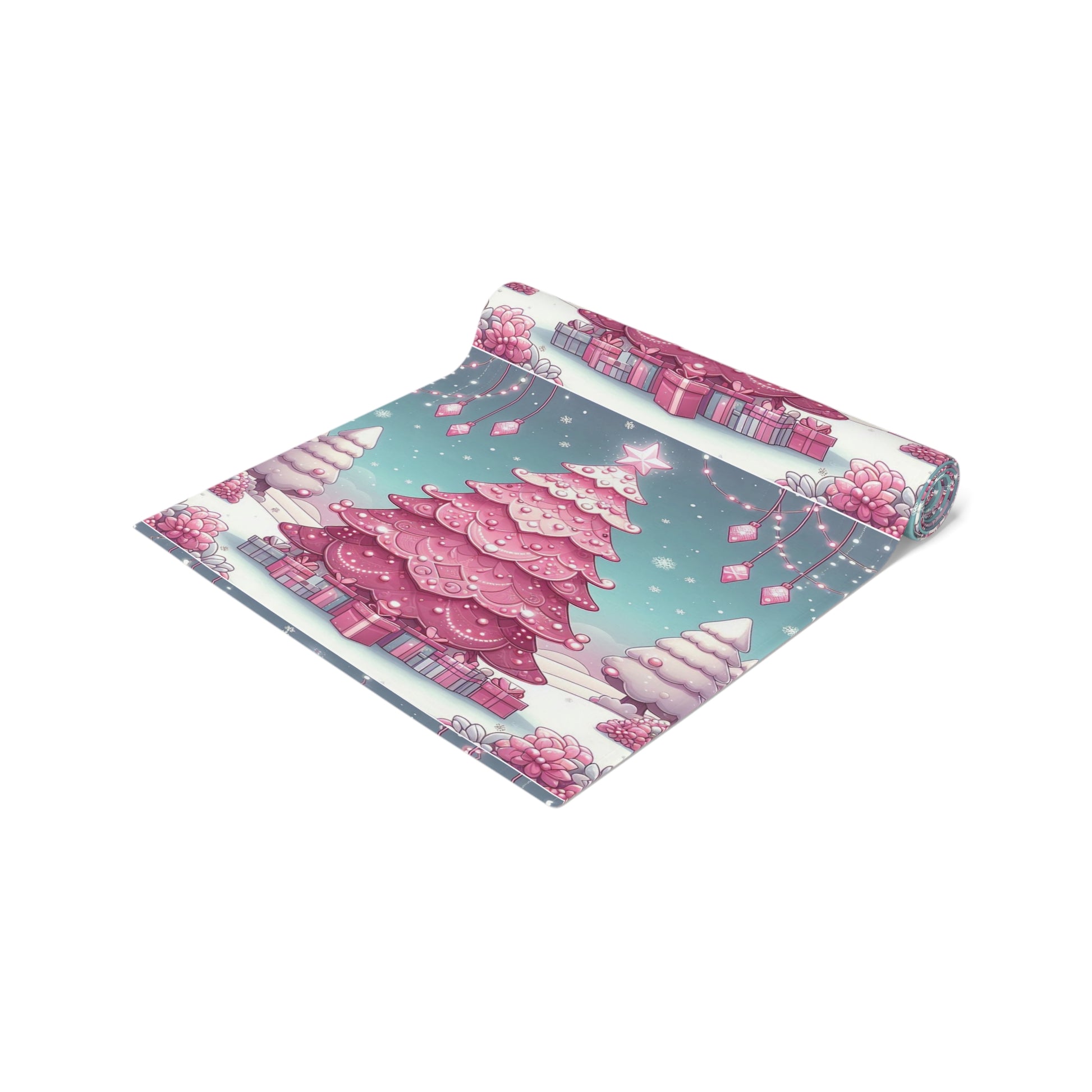 Christmas Table Runner, Holiday Decor, Cotton Table Runner, Festive Dining, Pink Christmas Tree, Hostess Gift by Printify