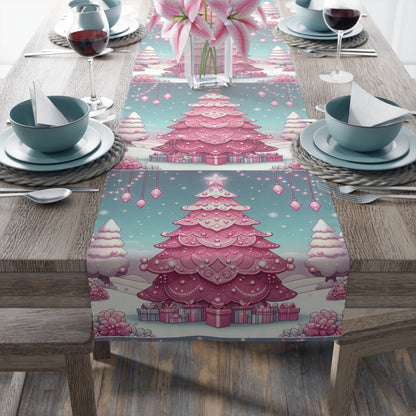 Christmas Table Runner, Holiday Decor, Cotton Table Runner, Festive Dining, Pink Christmas Tree, Hostess Gift by Printify