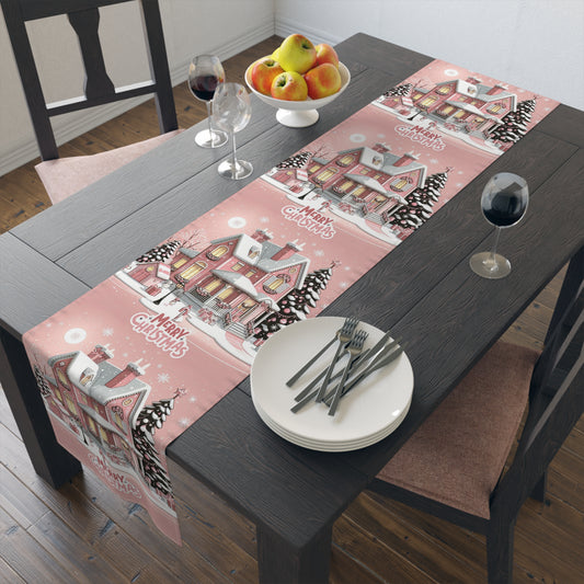 Christmas House Table Runner - Festive Holiday Decor Pink Merry Christmas, Dining Room Kitchen Decor, Home Decoration, by Printify