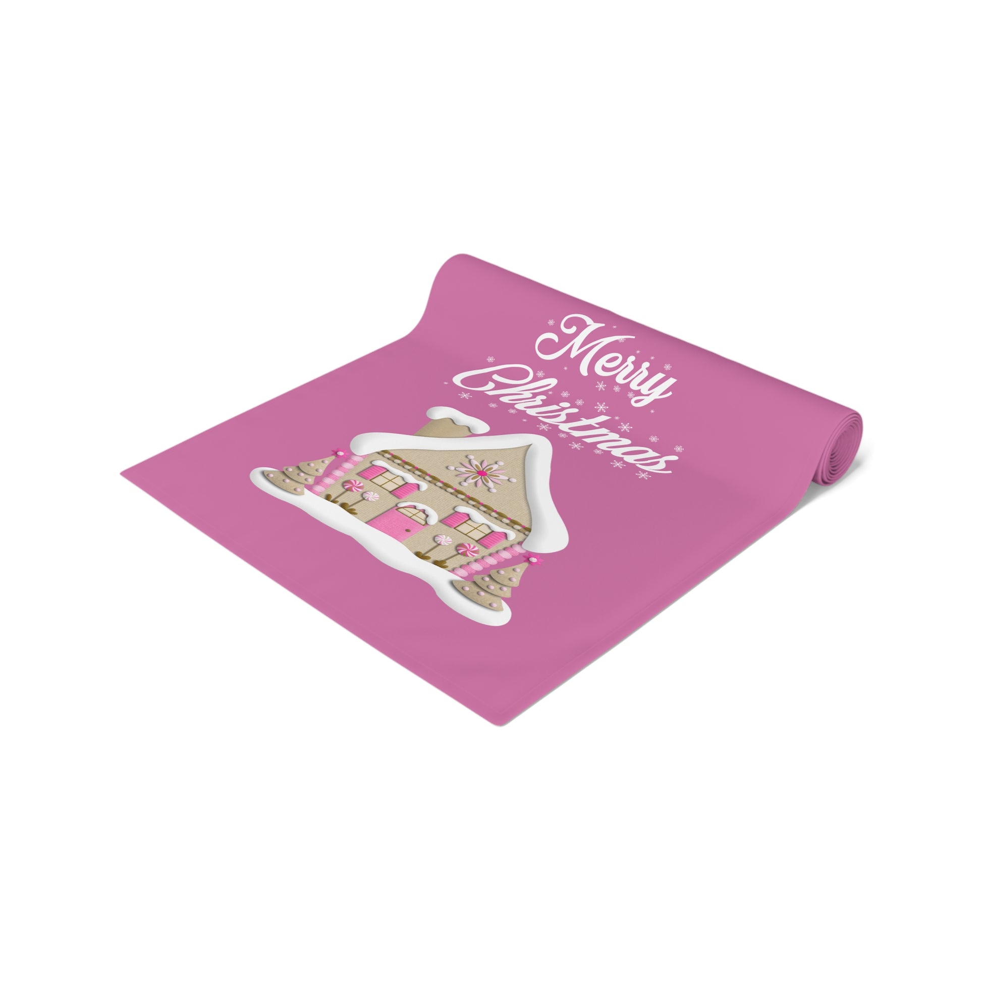 Pink Christmas House Table Runner — Festive Farmhouse Holiday Table Centerpiece by Printify