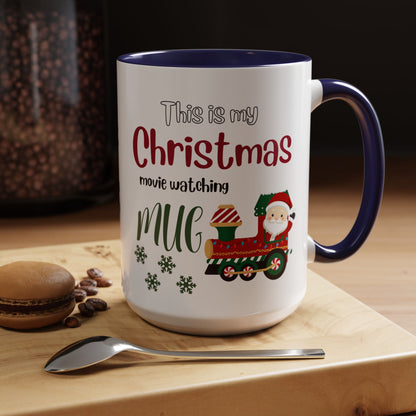 Christmas Movie Watching Accent Coffee Mug (11, 15oz) - Cozy Holiday Mug, Festive Hot Cocoa Cup, Winter Movie Night Gift, Santa Claus Mug, by Printify