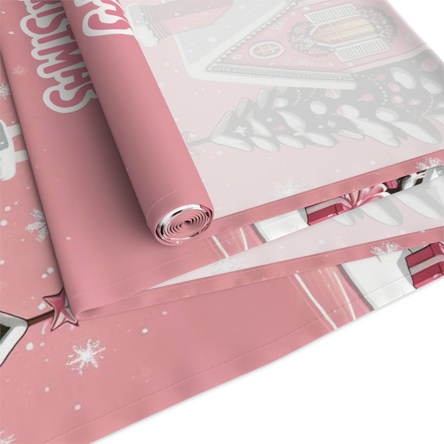 Christmas House Table Runner - Festive Holiday Decor Pink Merry Christmas, Dining Room Kitchen Decor, Home Decoration, by Printify