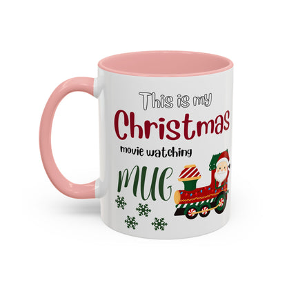 Christmas Movie Watching Accent Coffee Mug (11, 15oz) - Cozy Holiday Mug, Festive Hot Cocoa Cup, Winter Movie Night Gift, Santa Claus Mug, by Printify