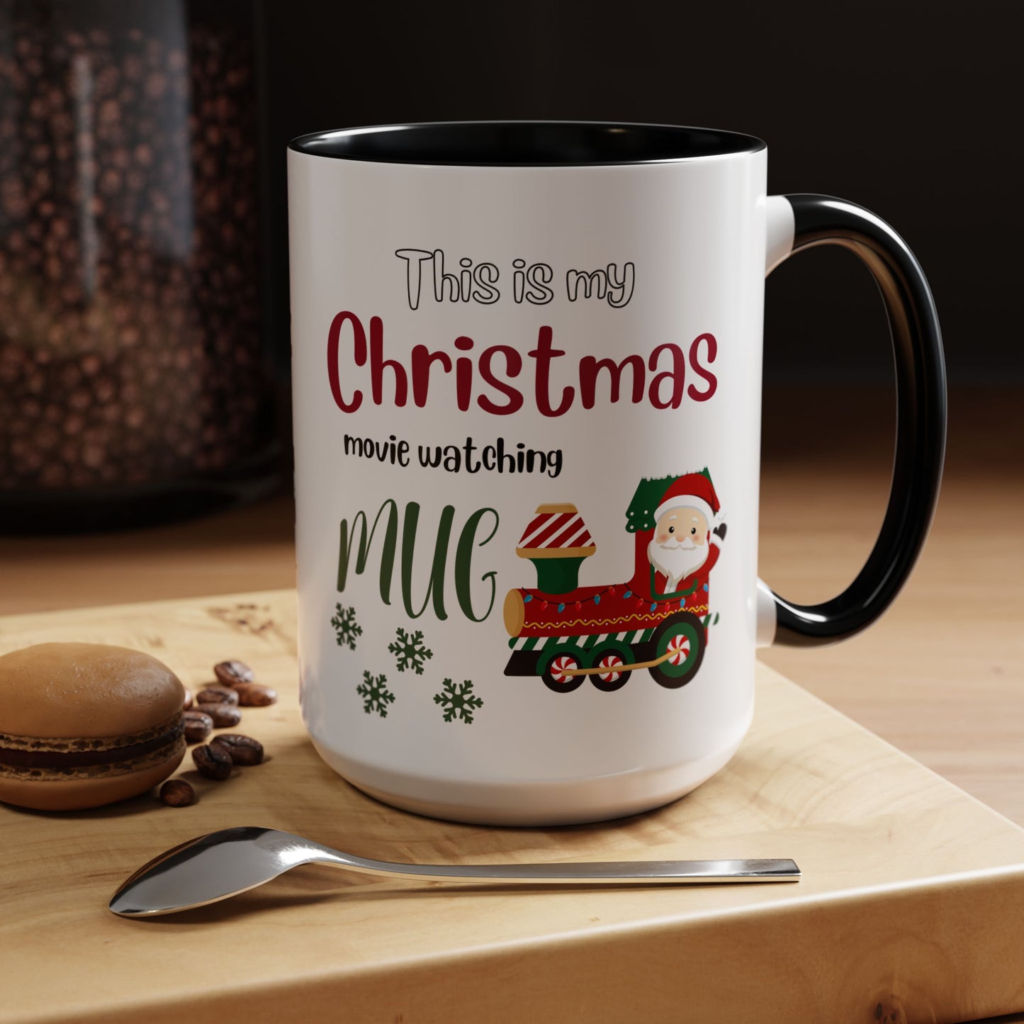 Christmas Movie Watching Accent Coffee Mug (11, 15oz) - Cozy Holiday Mug, Festive Hot Cocoa Cup, Winter Movie Night Gift, Santa Claus Mug, by Printify