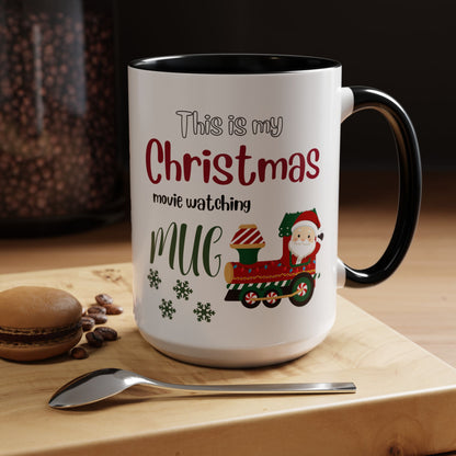 Christmas Movie Watching Accent Coffee Mug (11, 15oz) - Cozy Holiday Mug, Festive Hot Cocoa Cup, Winter Movie Night Gift, Santa Claus Mug, by Printify