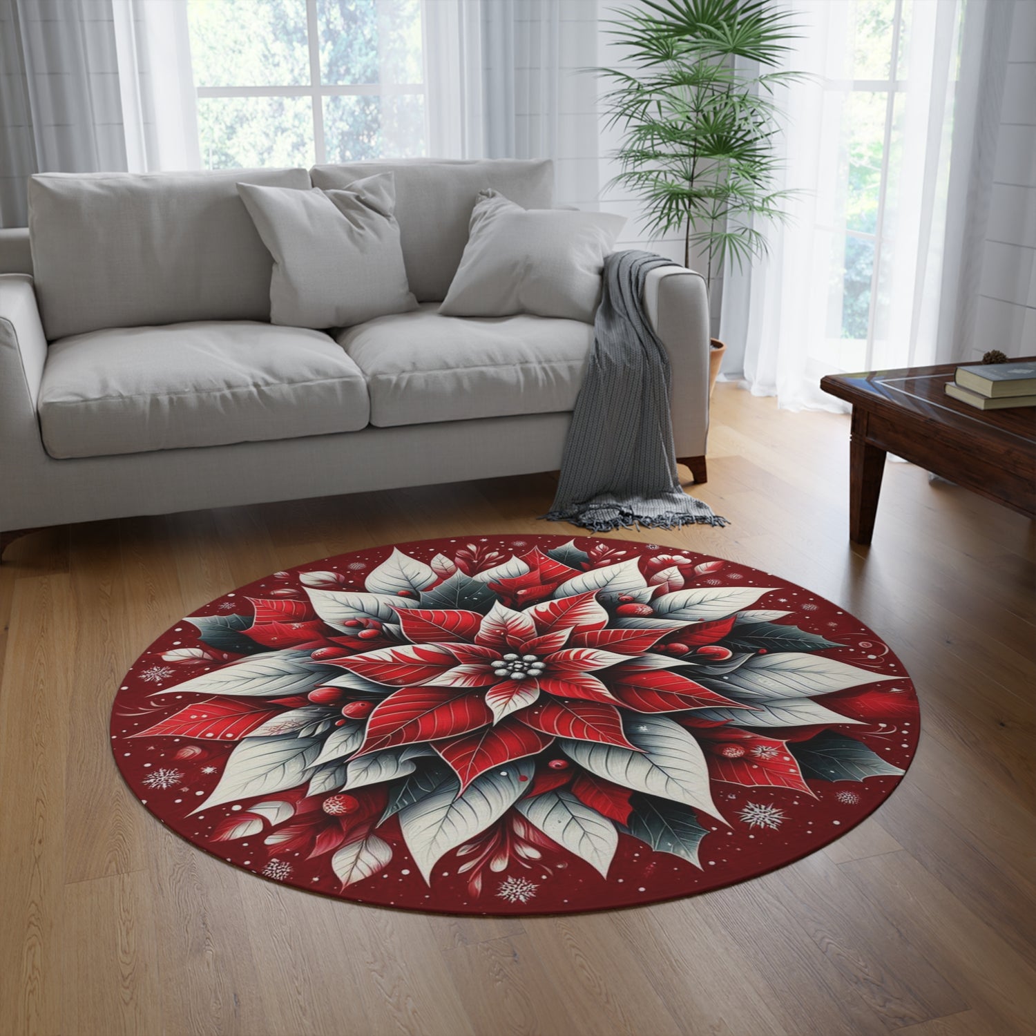 Christmas Round Rug, Holiday Poinsettia Home Decor, Festive Circle Carpet, Xmas Floral Area Rug, Winter Flower Floor Mat by Printify