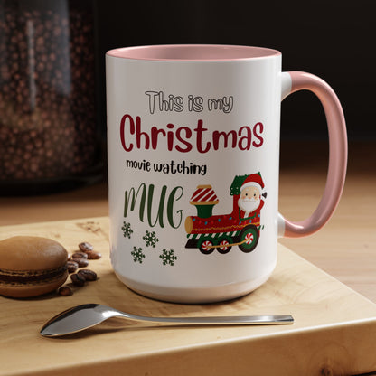 Christmas Movie Watching Accent Coffee Mug (11, 15oz) - Cozy Holiday Mug, Festive Hot Cocoa Cup, Winter Movie Night Gift, Santa Claus Mug, by Printify