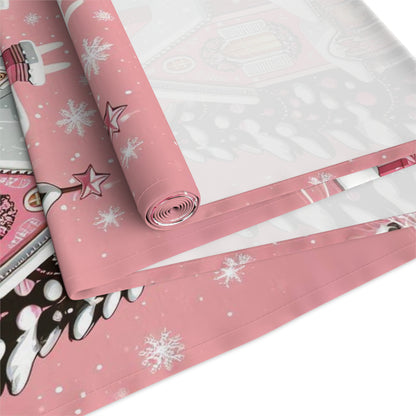 Christmas House Table Runner - Festive Holiday Decor Pink Merry Christmas, Dining Room Kitchen Decor, Home Decoration, by Printify