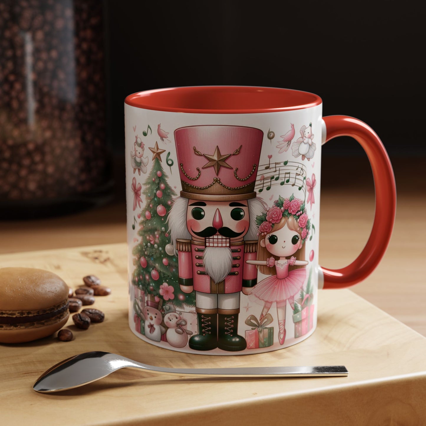 Coffee Mug, Nutcracker Pink Christmas Decoration, Festive Holiday Tea Cup, Unique Ceramic Drinkware, Kitchen Home Decor by Printify