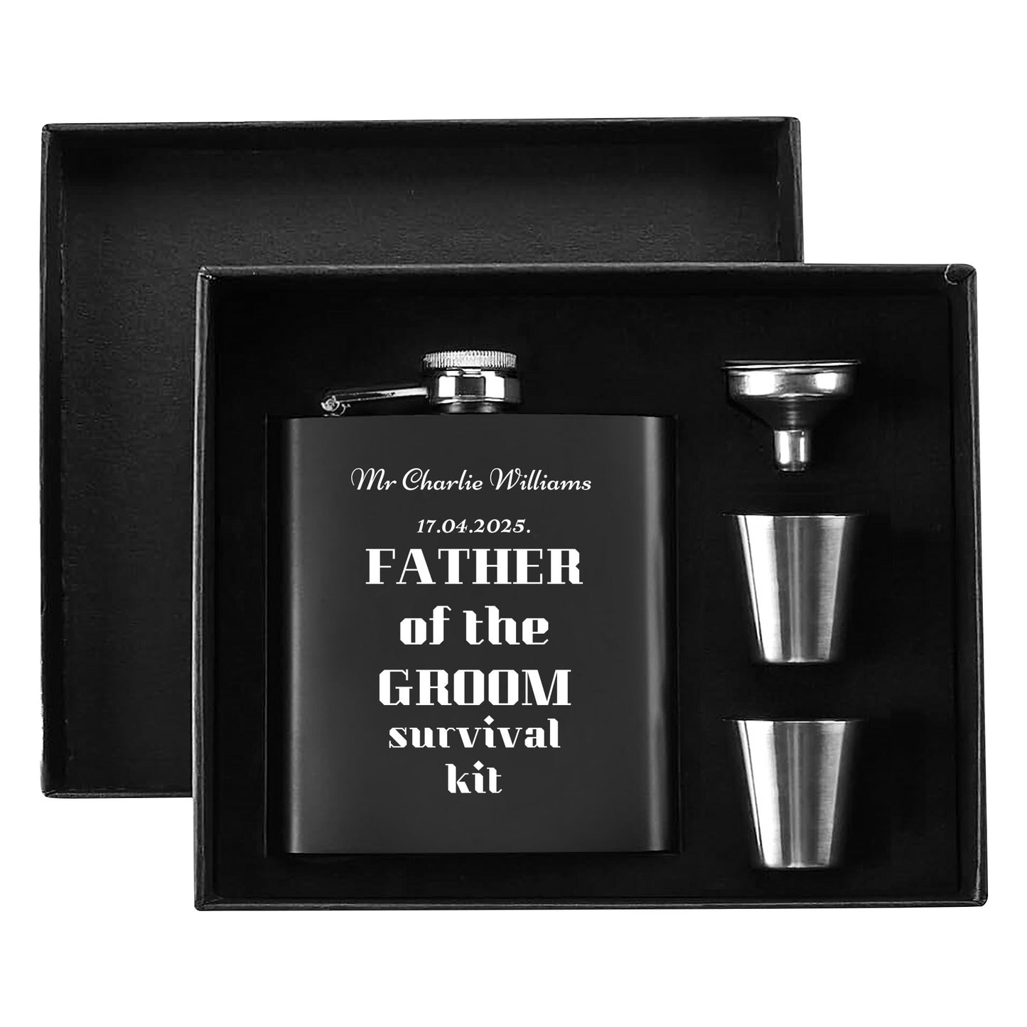 Father of the Groom Survival Kit – Personalized 7oz Black Hip Flask Gift Set with Funnel, Cups & Gift Box
